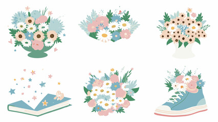 Illustration of flower bouquets in vases, a book with stars, and flowers in a sneaker boot