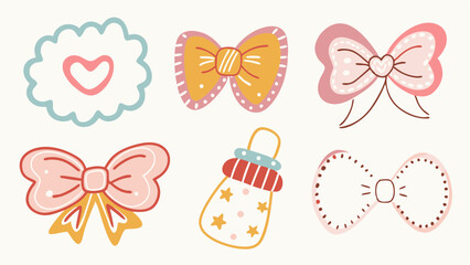 Illustration showing a heart cloud and several bows along with a baby bottle drawing design here