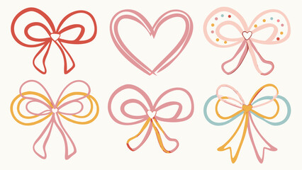 Obraz premium Assortment of colorful bows and a heart shape arranged on a white background in a decorative manner