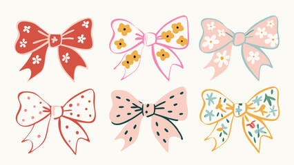 Collection of six decorative bows with floral and polka dot patterns in pastel colors on a white background