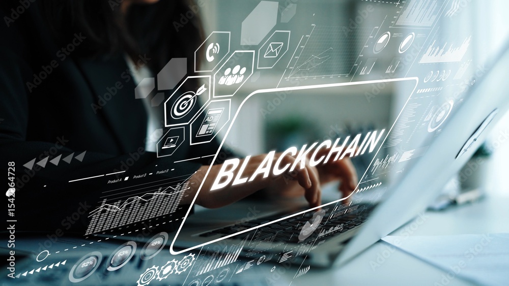 Poster business professional working on laptop with blockchain technology interface and data visualization 