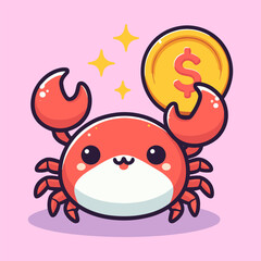 Cartoon crab holding a gold coin with a dollar sign, surrounded by sparkling stars, on a pink background.