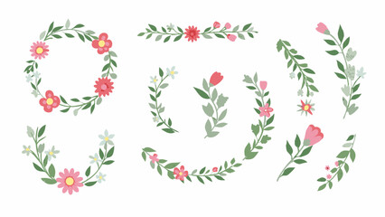 Collection of floral wreaths and decorative elements with pink and white flowers and green leaves design