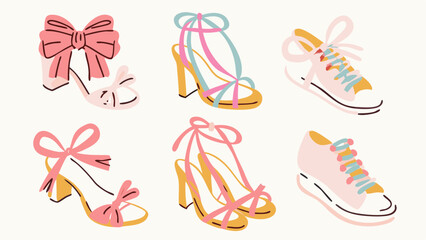 Illustration showing a variety of shoes including heels and sneakers with ribbons and laces design