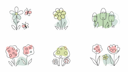 Collection of whimsical line art drawings featuring flowers butterflies and mushrooms in pastel colors