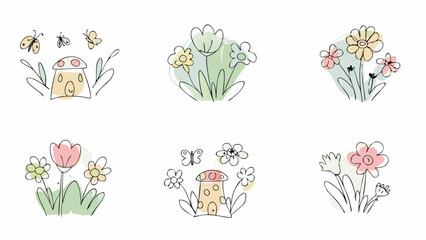 Illustration featuring six different floral and mushroom house arrangements in a whimsical style art work
