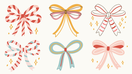 Illustration of six decorative bows with different colors and patterns on a white background surface