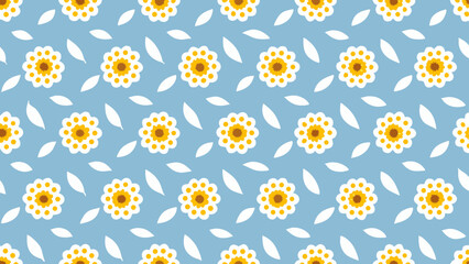 Repeating pattern of white flowers with yellow centers and white leaves on a blue background design