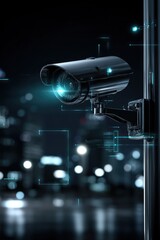Surveillance camera at night. Blurry city lights in background
