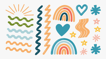 Illustration of whimsical shapes including rainbows, waves, hearts, stars and zigzags in various colors