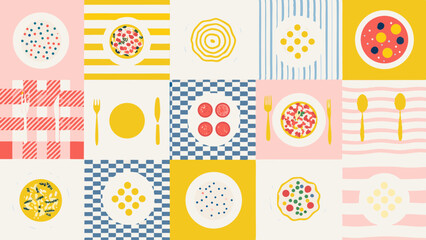 Aesthetic collage of plates with food and cutlery on patterned backgrounds in pastel colors and bright yellow