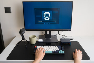 Young professional using AI assistant in home office