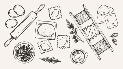 Illustration of pasta making tools with ravioli dough and rolling pin in a sketch style drawing art