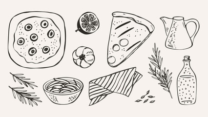 Illustration of pizza, lemon, tomato, pasta, cloth, herbs, oil, and a pitcher in black and white