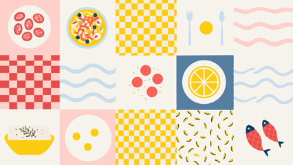 A colorful collage of food items and patterns featuring plates, fish, and checkered backgrounds design