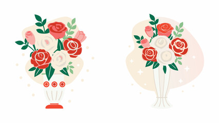 Two vases filled with roses and greenery with a cream background and a white background design