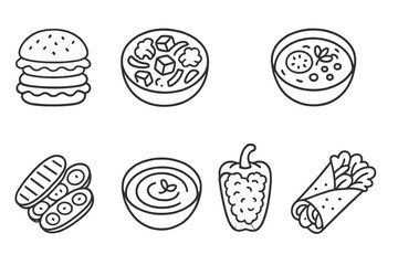 Vegetarian Meal Icons. Line style icons of vegetarian meals: veggie burger, tofu stir-fry, lentil soup, quinoa salad. grilled