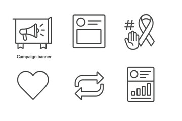 Social Campaign Icons. Line style icons of social campaigns: campaign banner, social media post, hashtag share, awareness icon.