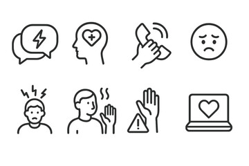 Crisis Response Icons. Line style icons of crisis response: emergency chat, mental health support, hotline call, emotional icon.