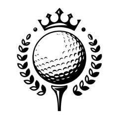 Golf ball vector logo. Golf ball on tee with wreath and crown. Vector illustration
