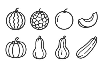 Melons and Gourds Icons. Line style icons of melons and gourds: watermelon, cantaloupe, honeydew, melon slice. pumpkin, squash,
