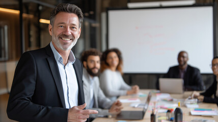 Confident business professional leading a productive team meeting with a presentation in a bright office space