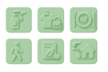 Green Lifestyle Icons. Neumorphism icons of green lifestyle choices: refill station, second-hand store, plant-based meal, walking