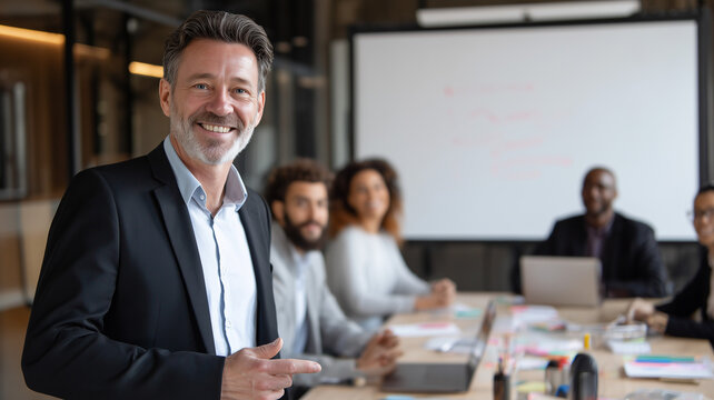 Confident business professional leading a productive team meeting with a presentation in a bright office space - Powered by Adobe