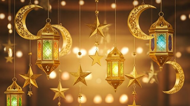 ramadan kareem golden poster wit stars and lanterns decoration