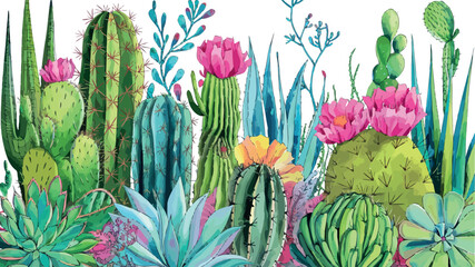 Vibrant Watercolor Cactus Garden Displaying a Variety of Succulents, Flowers, and Prickly Pears in Bold Green, Blue, and Pink Hues