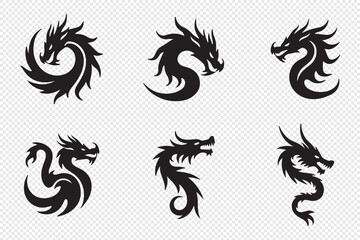 Set of Winged Dragons – Black Vector Silhouettes of Fantasy Reptile Creatures
