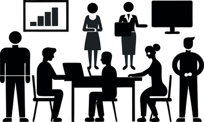 Business People Silhouettes in Corporate and Office Scenes – Vector Illustration