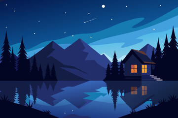 Fototapeta premium Night landscape cabin lake mountains stars