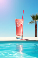 Obraz premium Poolside Paradise: A refreshing cocktail, bathed in the radiant sunlight, is perfectly positioned beside a shimmering pool, the image evoking feelings of relaxation and vacation bliss.