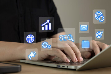 business people working online marketing technology on laptop computer, SEO, online advertising...