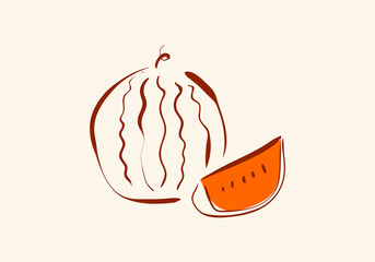 minimalist line art illustration of a whole watermelon and a slice