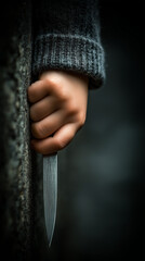 Hidden Danger: A child's hand gripping a knife, concealed against a dark, textured background. The image evokes feelings of unease and vulnerability.