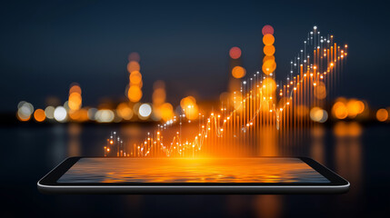 Financial Technology Growth: Digital tablet displaying an upward trending graph with blurred industrial background in finance tech era.