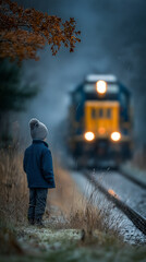 Child Watching Approaching Train: A small child in a winter coat stands by the railroad tracks, gazing intently at an approaching train on a cold, misty morning.