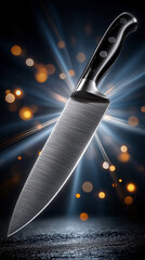 Chef Knife in Dramatic Light: A gleaming chef's knife, its blade reflecting a dramatic burst of light against a dark background punctuated by bokeh lights.