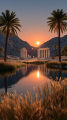 Ancient Dawn's Embrace:  Sun's golden rays gently illuminate an ancient temple, as the calm lake mirroring the serene scene, creating a beautiful dawn over historical architecture.