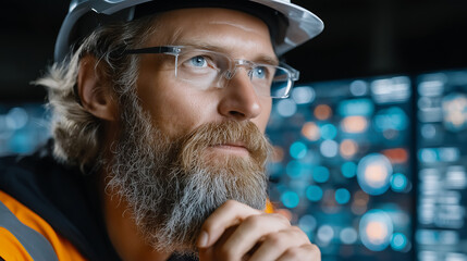 Introspective Engineer: An engineer in a hard hat, deep in thought, surveys the control room, his gaze reflects professional focus.