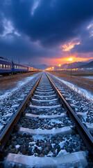 Winter Train Tracks at Sunrise: The photograph captures the serenity of dawn, with a train traversing tracks that vanish into the horizon under a sky painted with early morning hues.