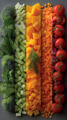 Colorful Culinary Canvas: A vibrant, eye-level display of fresh vegetables arranged artfully to showcase the diverse beauty of natural produce and their textures.