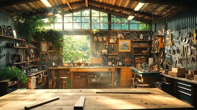 A sunlit artisan workshop filled with tools, plants, and artwork, showcasing creativity and craftsmanship