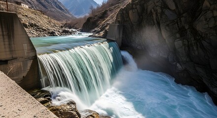 Rushing water cascades over a concrete dam structure in a rocky, mountainous landscape, showing hydroelectric power.