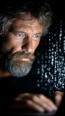 Digital Sentinel: A focused professional, his gaze unwavering, navigates the intricate realm of cybersecurity, surrounded by the ethereal glow of binary code.