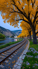 Autumnal Railroad by River: A picturesque railroad track curves gently alongside a river, framed by vibrant golden autumn trees. The tranquil scene evokes a sense of serenity and journey.