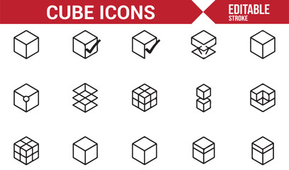 Geometric Cube Icons Set Featuring 3D Shapes and Puzzle Designs