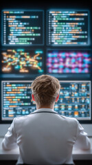 The Code's Watchman: The silhouette of a focused coder working on a suite of advanced computer screens, his concentration reflecting the intense nature of his work.